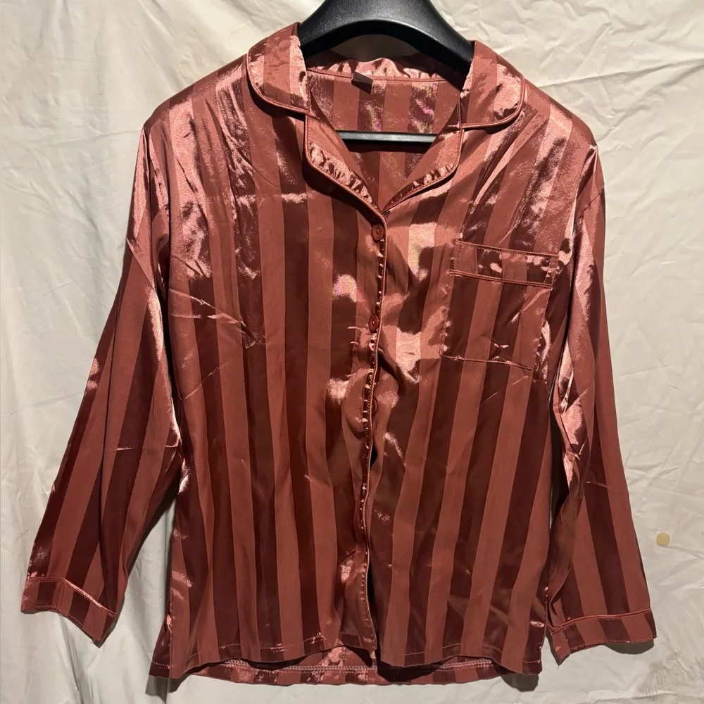 Women’s Satin Stripe Pajama Set - Rose Copper
